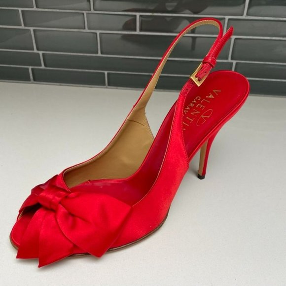 Valentino Garavani Shoes - VALENTINO Garavani Candy Red Satin Bow Peep Toe Slingback Pumps - IT 39/US 9